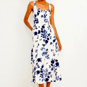 Old Navy Fit & Flare Floral Linen Blend Midi Dress XS Blue Pockets